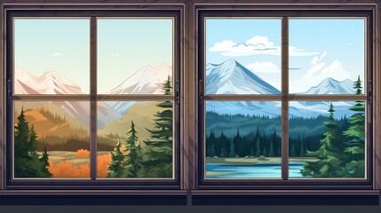 Poster - A window with a view of the mountains. Suitable for travel brochures or interior design concepts