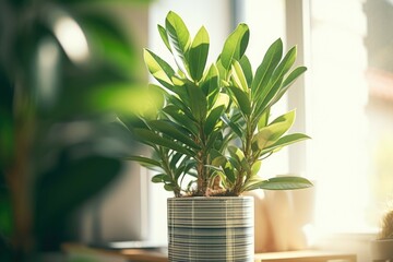 Poster - A potted plant displayed on a table in front of a window. Suitable for home decor or interior design concepts