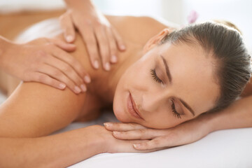 Poster - Relax, shoulder massage and woman at spa for health, wellness and balance with luxury holistic treatment. Self care, peace and girl on table for muscle therapy, comfort and calm body pamper service