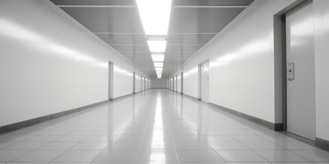 Poster - A long hallway with white walls and tiled floors, perfect for interior design projects