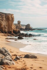 Poster - A person walking along a beautiful beach next to the ocean. Ideal for travel and relaxation concepts