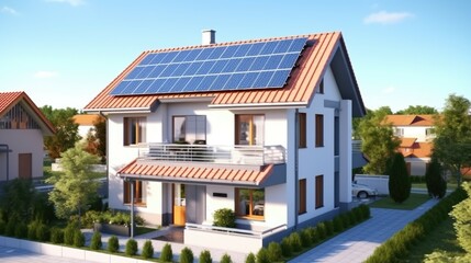 Poster - A modern house with solar panels on the roof, perfect for sustainable living projects