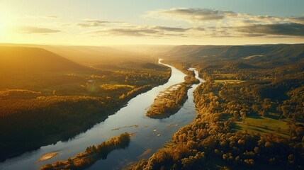 Poster - Scenic view of a river running through a lush green valley, perfect for nature and landscape backgrounds
