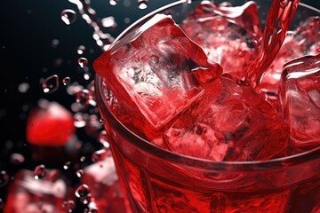 Poster - Glass filled with red liquid and ice cubes, suitable for beverage concepts