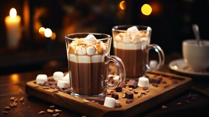 Poster - Two glasses of hot chocolate with marshmallows on a tray. Perfect for winter and cozy scenes