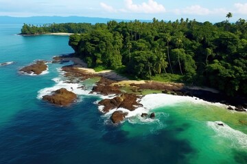 Poster - Aerial view of a beach and forested area. Suitable for travel and nature concepts