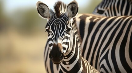 Canvas Print - Close-up of two zebras in a field. Suitable for nature and wildlife concepts