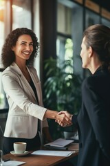 Poster - A woman shaking hands with a man in a suit. Suitable for business and partnership concepts