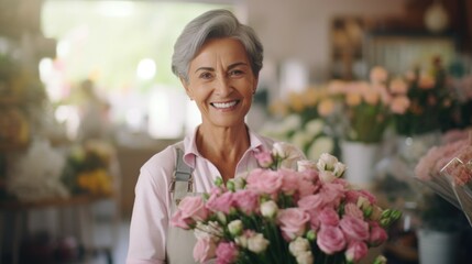 Poster - A woman holding a bunch of pink and white flowers. Suitable for various occasions