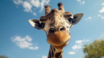 Poster - Close up of a giraffe's face with trees in the background. Suitable for wildlife and nature themes