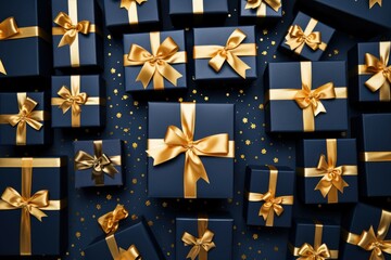 Poster - Assorted blue and gold gift boxes with elegant gold bows. Perfect for any celebration or special occasion
