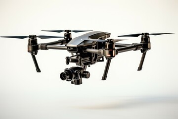 Poster - A black drone flying with a camera attached. Suitable for technology concepts