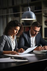 Wall Mural - A man and a woman discussing papers at a table. Ideal for business concept