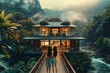Two people admire a breathtaking view of a luxury resort amidst misty mountains.