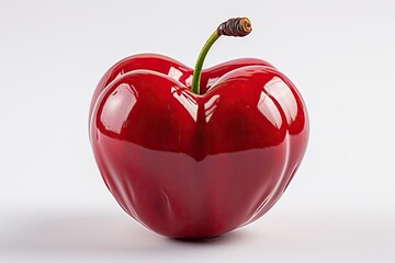 On a white background is a red cherry with a heart-shaped peduncle, which gives it a unique and artistic look.