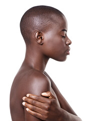 Wall Mural - Profile of black woman, natural or skincare with beauty, cosmetics or healthy shine in studio. Side view, bald head or serious African girl model with wellness or glow results on white background