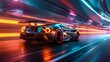 High-speed race car with neon lighting effects speeding on a futuristic track. 3D illustration of a sports car with vibrant light trails. Concept of speed, performance