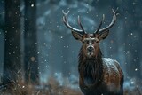 Fototapeta Zwierzęta - A picture of a wild deer in a forest, giant moose in the snowy jungle, snow falls, animals photography, AI Generated
