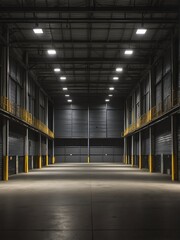 Wall Mural - Portrait of an empty storage warehouse at night from Generative AI