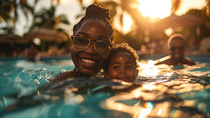 Happy smiling black african american mother and daughter swimming on summer vacation holiday	
