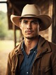 Portrait of handsome young man wearing cowboy hat on a farm background from Generative AI
