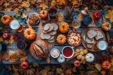 Oktoberfest beer and food on wooden table, top view flat lay, ai generated