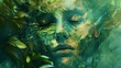 Kobieta na obrazie ma zamknięte oczy i jest otoczona bujną roślinnością wyrażając stan spokoju i skupienia. Jej postać jest głównym elementem abstrakcyjnej kompozycji, przyciągając uwagę widza.