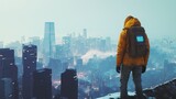 Fototapeta Miasto - Mężczyzna z futurystycznym plecakiem na szczycie góry patrzący na zadymione miasto. Perspektywa z góry.
