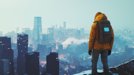 Fototapeta mężczyzna z futurystycznym plecakiem na szczycie góry patrzący na zadymione miasto. perspektywa z góry.
