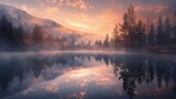 Fototapeta  - Jezioro otoczone drzewami, na tle wysokiej góry. Obraz przedstawia spokojną scenerię mglistej przyrody, z wodą, drzewami i górą.