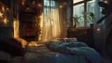 Fototapeta  - Wygodna sypialnia z podwójnym łóżkiem przy oknie, na którym wiszą lampki tworząc przytulną atmosferę.