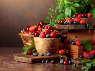 Wall Mural - Assorted fresh berries with leaves.