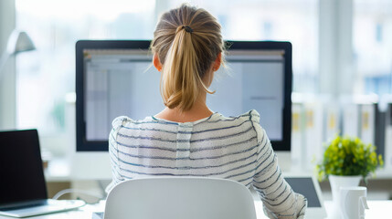 A woman is sitting at a desk with a computer monitor in front of her