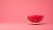  a slice of watermelon sitting on top of a pink surface with a bite taken out of the watermelon.