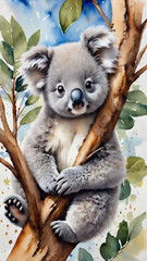 Wall Mural - watercolor illustration koala in tree