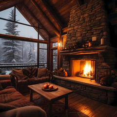 Sticker - A cozy fireplace in a cabin with snow falling outside