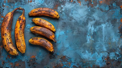  a bunch of ripe bananas sitting on top of a blue and rusted metal surface with peeling paint on it.