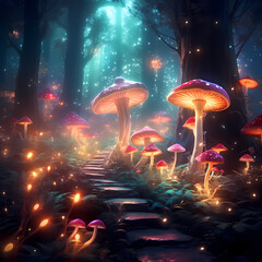 Canvas Print - A magical forest with glowing mushrooms. 