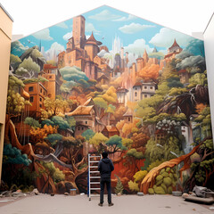 Poster - A person painting a mural on a city wall.