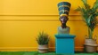  a statue of an egyptian pharaoh next to two potted plants and a potted plant in front of a yellow wall.