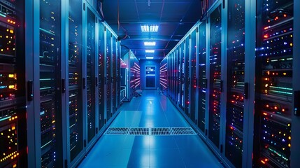 Poster - Futuristic Data Center with Rows of Server Racks A futuristic data center corridor lined with rows of high-capacity server racks, illuminated by ambient blue lighting.

 
