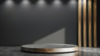 Wall Mural - A large, round, black and gold pedestal sits in a room with wooden accents
