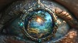  a close up of a person's eye with a picture of a forest in the reflection of the eye.