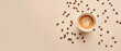 Top view of hot espresso and coffee beans arranged on a white table, creating a flat lay composition with space for text.