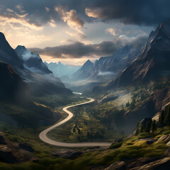 Wall Mural - Dramatic mountain landscape with a winding road.