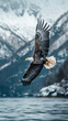 a bald eagle flying low over water with snowy mountains in the background, setting photographic. 8k. AI Generated