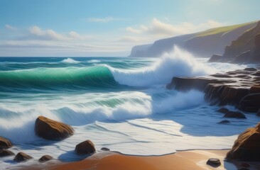 Wall Mural - A painting of a rocky beach with grand waves crashing on it and a thunder in the background with a mansion on the hill, extremely detailed oil painting.