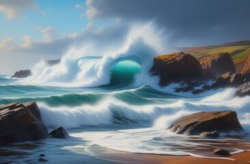 Wall Mural - A painting of a rocky beach with grand waves crashing on it and a thunder in the background with a mansion on the hill, extremely detailed oil painting.