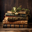 Rustic old books on a vintage wooden table.