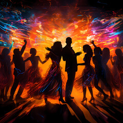 Wall Mural - Silhouettes of people dancing under neon lights.